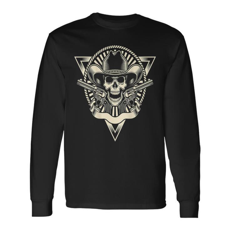 Skull Motorcycle Biker Cowboy Hat Outlaw Guns Long Sleeve T-Shirt