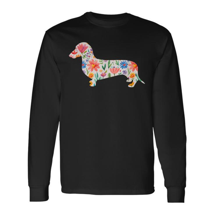 Smooth Dachshund Watercolor Flowers Long Sleeve T-Shirt