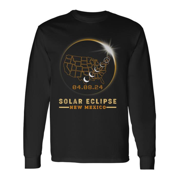 Solar Eclipse 2024 America Totality Total New Mexico Usa Map Long Sleeve T-Shirt