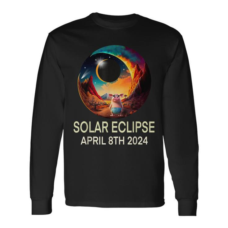 Solar Eclipse 2024 Apparel Pig Wearing Solar Eclipse Glasses Long Sleeve T-Shirt