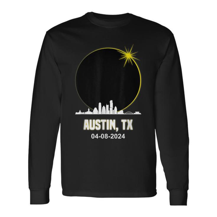 Solar Eclipse 2024 Austin Skyline Texas Total Solar Eclipse Long Sleeve T-Shirt