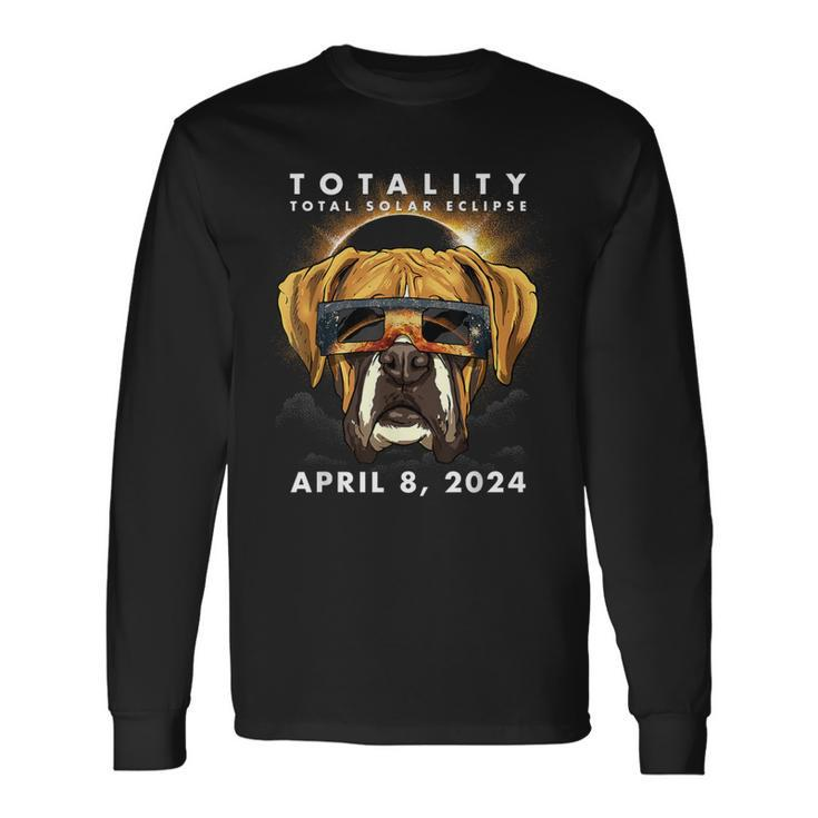 Solar Eclipse 2024 Boxer Dog Wearing Glasses Long Sleeve T-Shirt