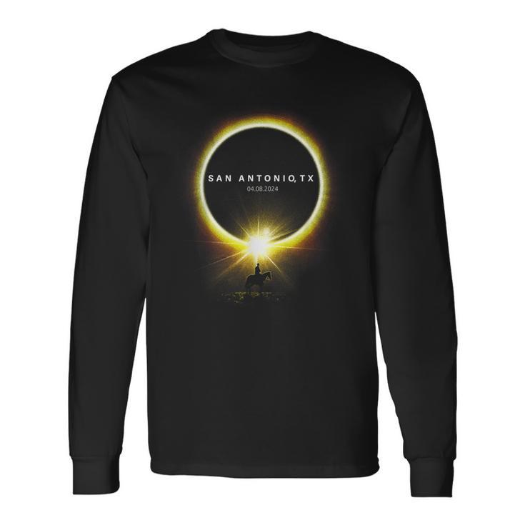 Solar Eclipse 2024 From San Antonio Texas Cowboy On A Horse Long Sleeve T-Shirt