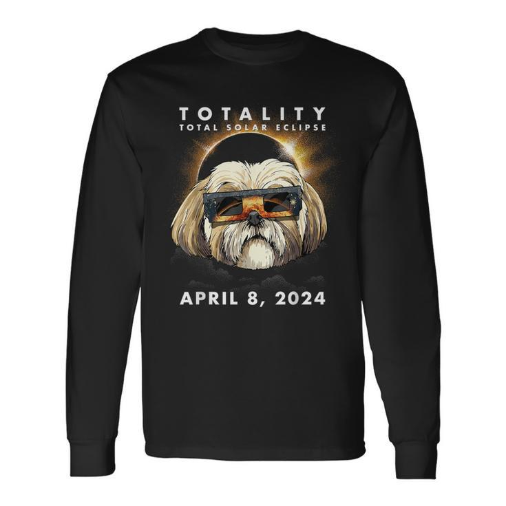 Solar Eclipse 2024 Shih Tzu Dog Wearing Glasses Long Sleeve T-Shirt