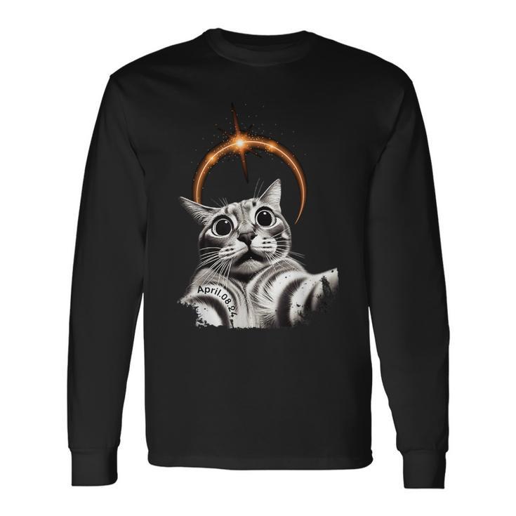 Solar Eclipse 8 April Selfie Cat 2024 Solar Eclipse Long Sleeve T-Shirt