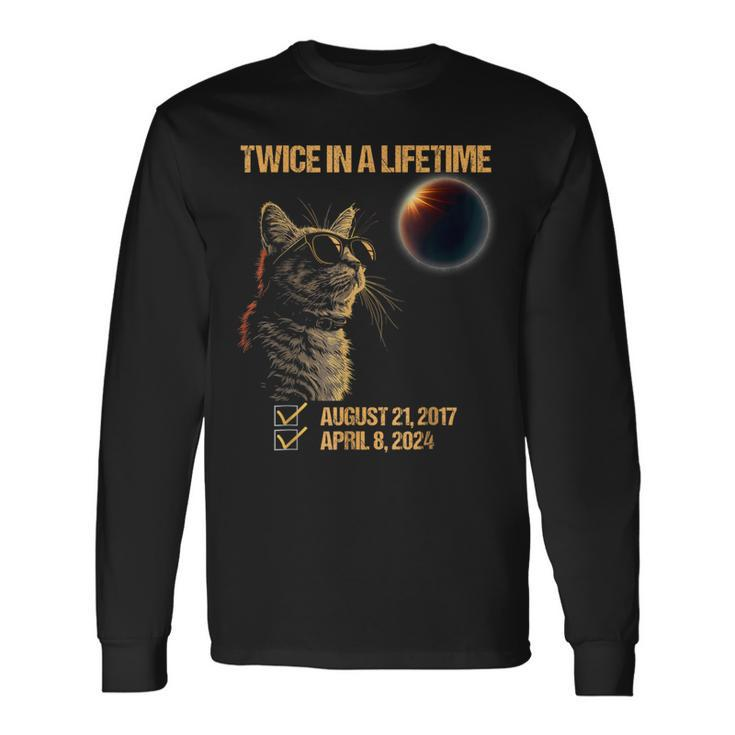 Solar Eclipse Cat Twice In Lifetime 2024 Solar Eclipse Long Sleeve T-Shirt Gifts ideas