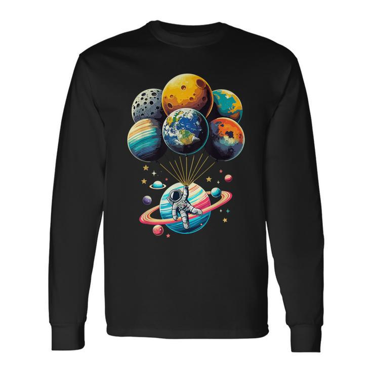 Solar System Astronaut Holding Planet Balloons Space Long Sleeve T-Shirt
