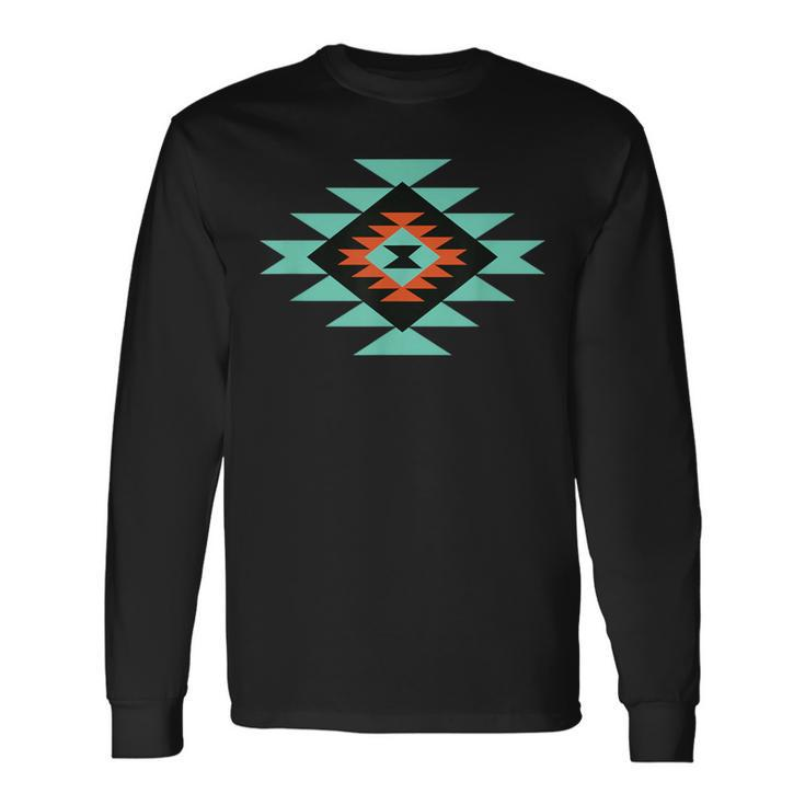 Southwestern Santa Fe Indian Teal Pattern Long Sleeve T-Shirt