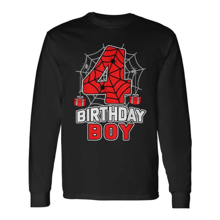 Spider 4Th Birthday Boy Spider Theme Birthday Boy 4 Year Long Sleeve T-Shirt Gifts ideas