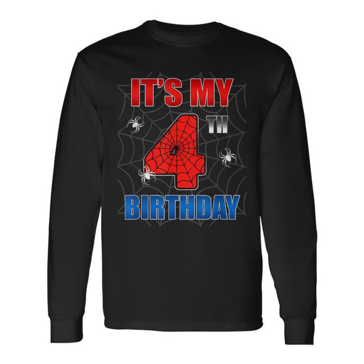 Spider Web Four 4 Years Old It's My 4Th Birthday Boy Party Long Sleeve T-Shirt