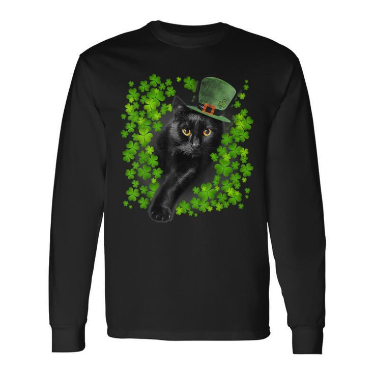 St Patrick Day Black Cat 3 Leaf Clover Kitten Lover Irish Long Sleeve T-Shirt