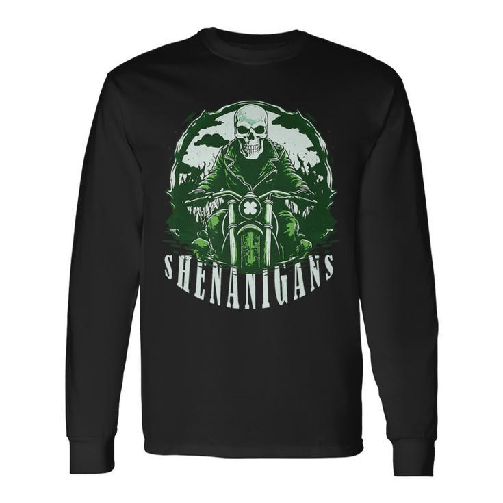 St Patrick's Day For Motorcycle Shenanigans Irish Skull Long Sleeve T-Shirt Gifts ideas