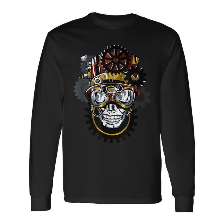 Steampunk Goggles Skull Head With Top Hat Gears Gothic Long Sleeve T-Shirt