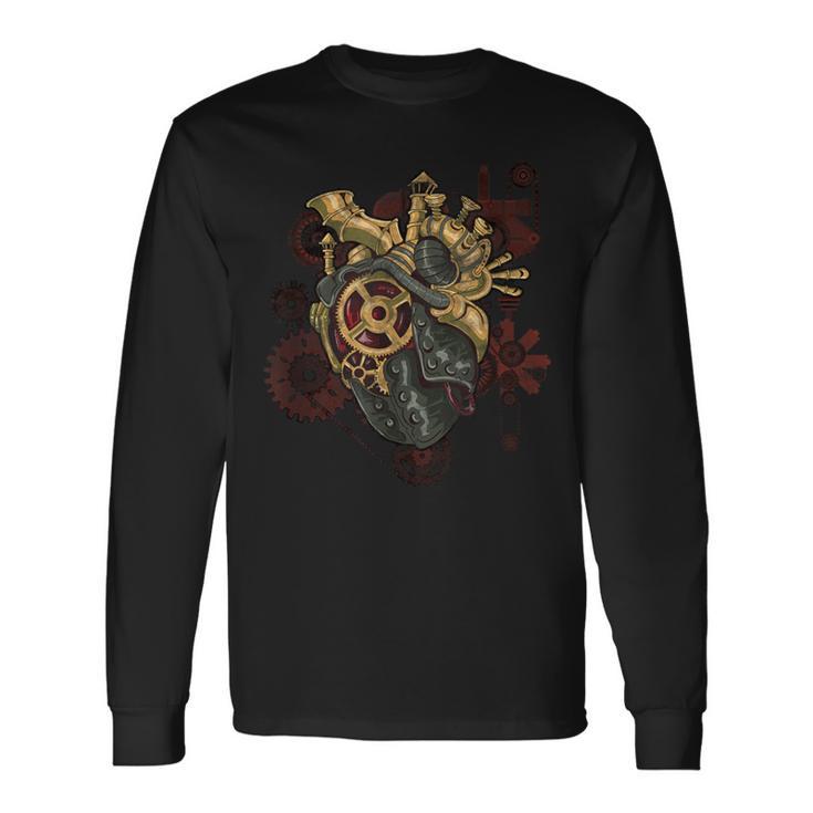 Steampunk Heart Robot Cosplay Scifi Mechanical Gears Anatomy Long Sleeve T-Shirt