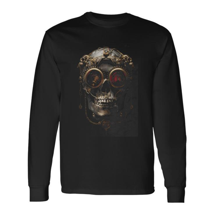 Steampunk Skull With Aviator Cap Gears Clockwork And Goggles Long Sleeve T-Shirt