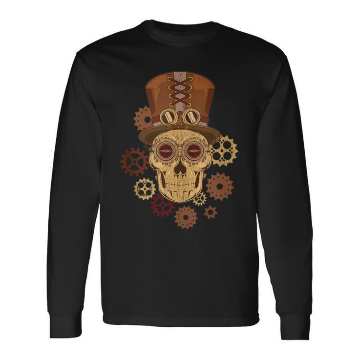 Steampunk Skull Gears Goggles Hat Science Fiction Lover Long Sleeve T-Shirt