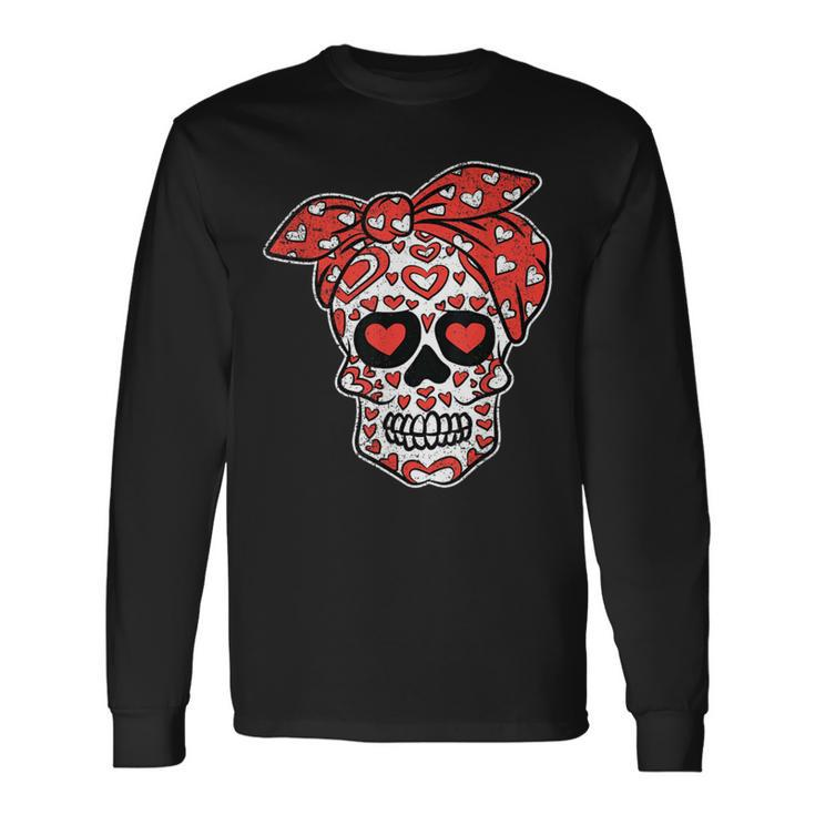 Sugar Skull Heart Bandana Valentines Day Mexican Skull Love Long Sleeve T-Shirt