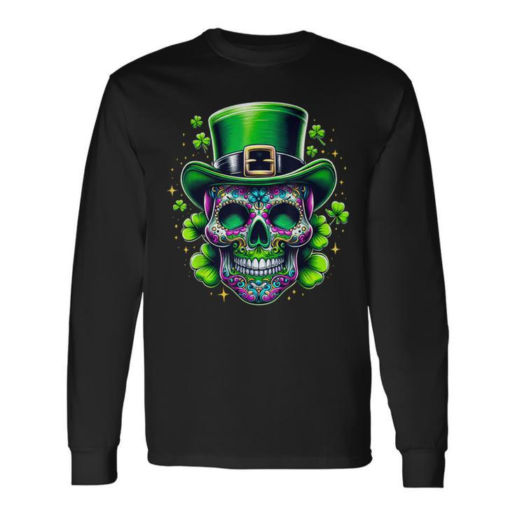 Sugar Skull Wearing Irish Leprechaun Hat St Patrick's Day Long Sleeve T-Shirt Gifts ideas