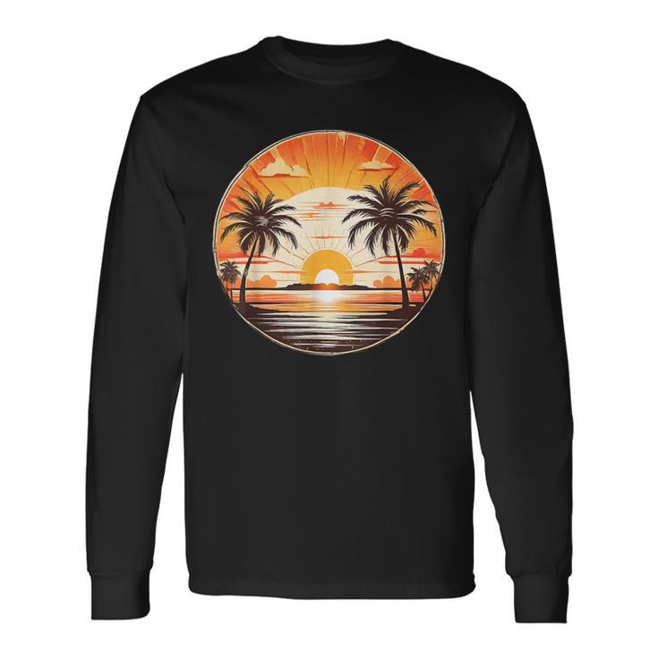 Summer Retros Vintage Sunset Palm-Trees Sea Beach Cute Scene Long Sleeve T-Shirt Gifts ideas