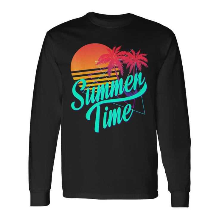 Summer Time Retro 80S Beach Scene With Palm Trees & Sunset Long Sleeve T-Shirt Gifts ideas