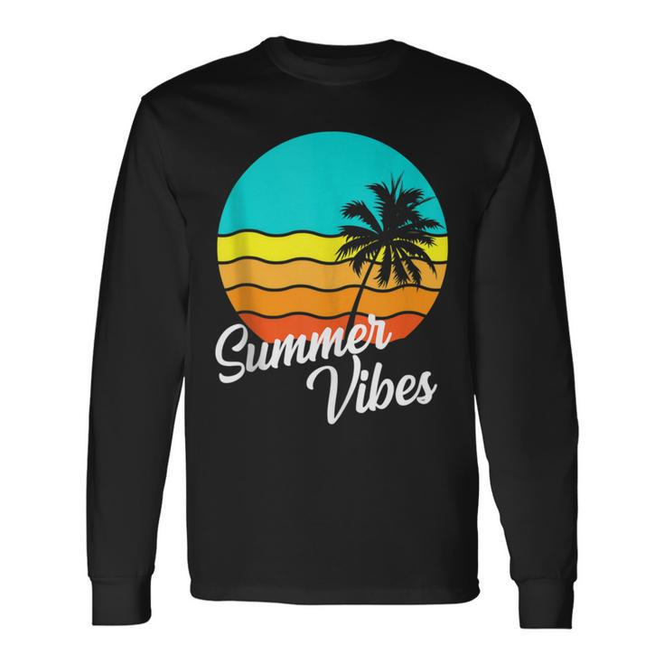 Summer Vibes Retro 80S Beach Scene Palm Tree Sunset Vacation Long Sleeve T-Shirt