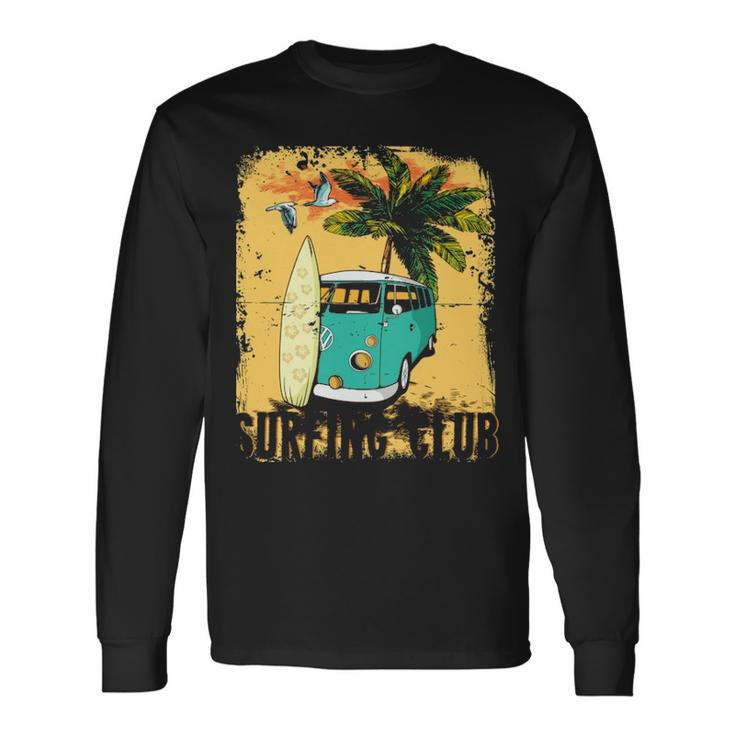 Surfing Summer Beach Hippie Van Bus Surfboard Palm Tree Long Sleeve T-Shirt