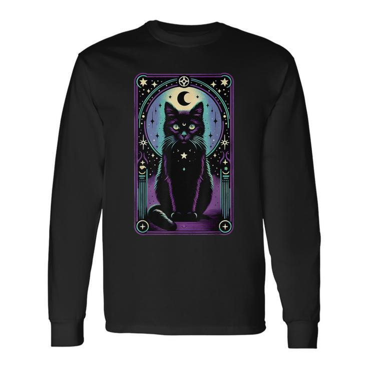 Tarot Card Crescent Moon Black Cat Lover Tarot Cat Vintage Long Sleeve T-Shirt