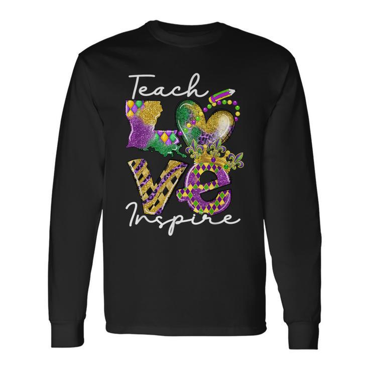 Teacher Mardi Gras Teach Love Inspire Carnival Beads Leopard Long Sleeve T-Shirt