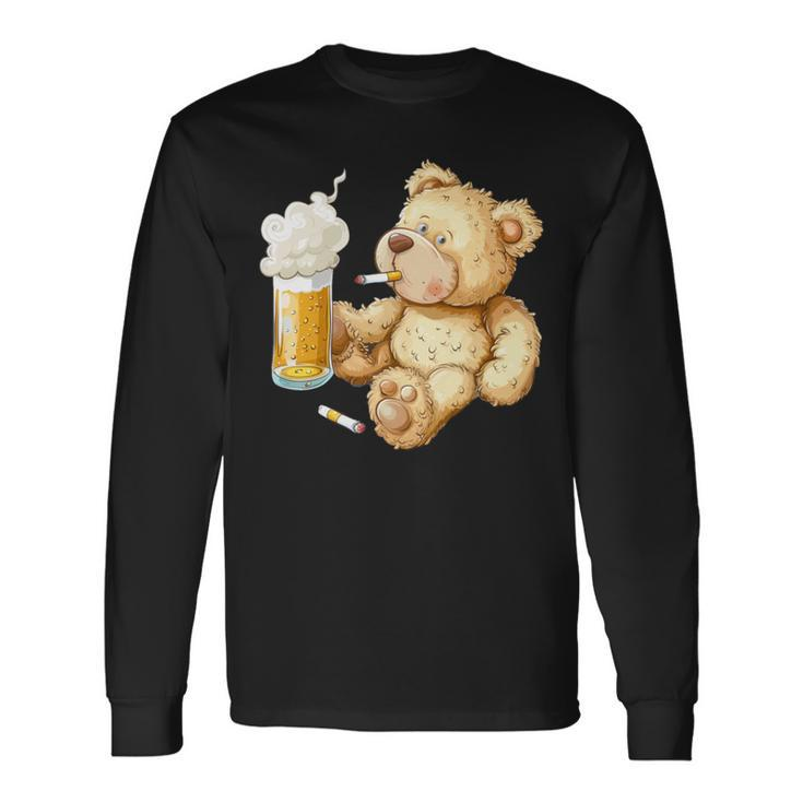 Teddy Bear Smokes And Drinks Beer For Men's Day Father's Day Long Sleeve T-Shirt Gifts ideas