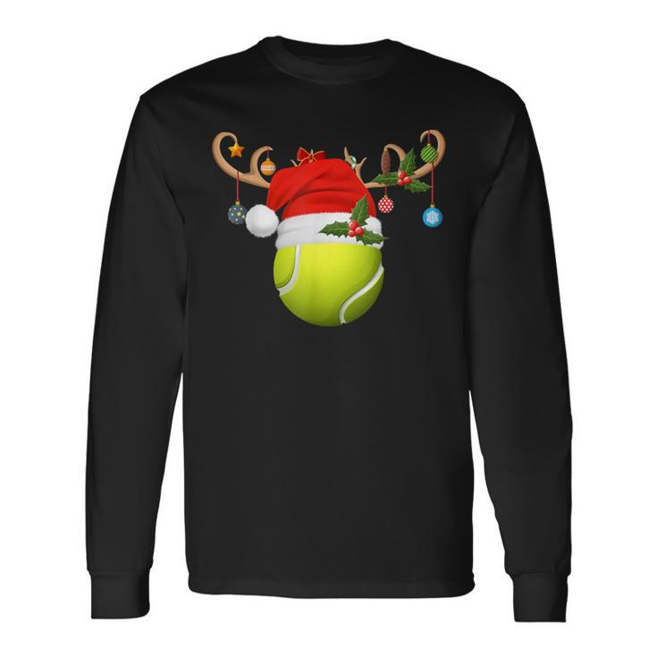 Tennis Player Reindeer Santa Hat Tennis Ball Christmas Long Sleeve T-Shirt