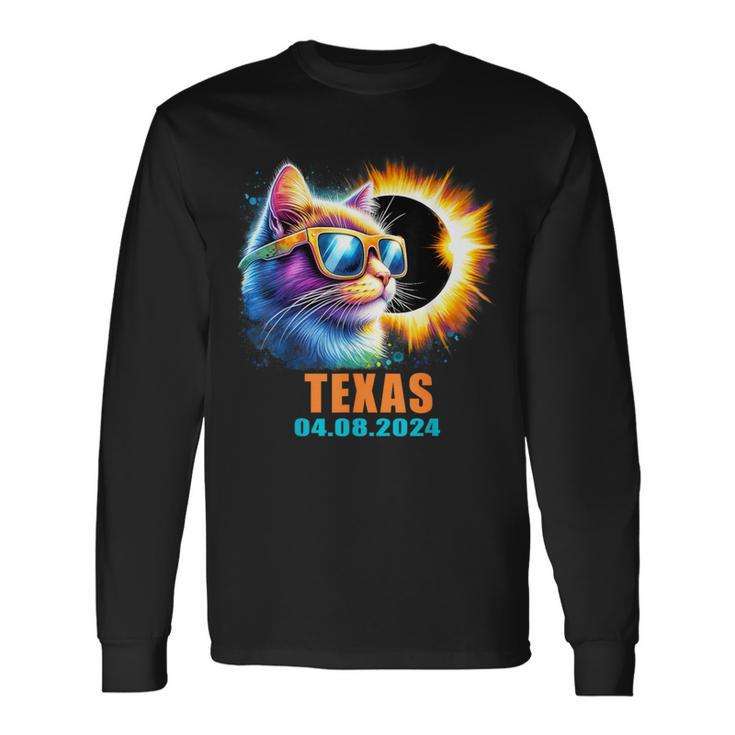 Texas Total Solar Eclipse 2024 Cat Solar Eclipse Glasses Long Sleeve T-Shirt