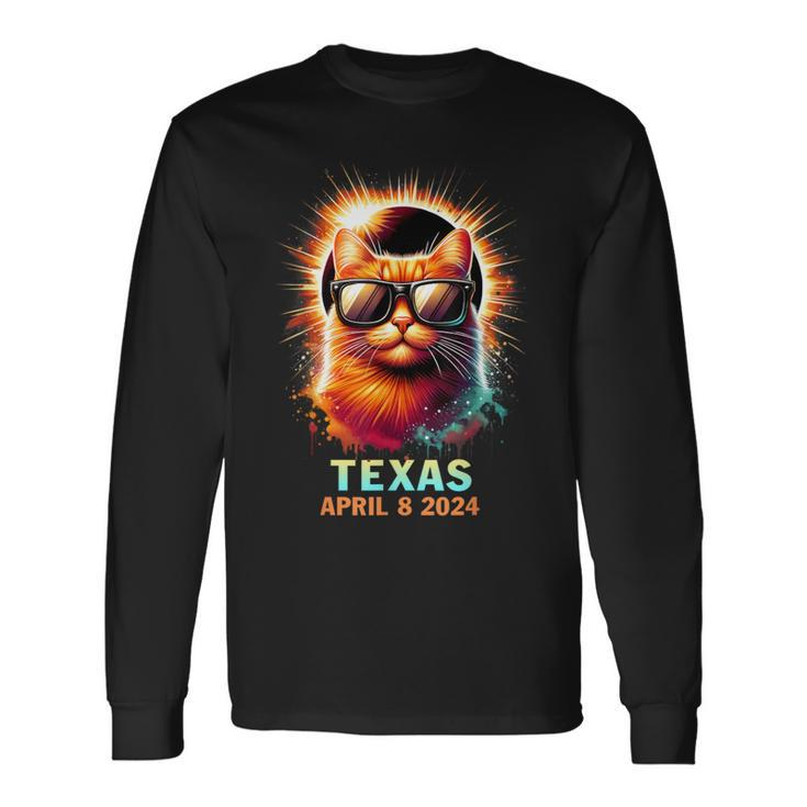 Texas Total Solar Eclipse 2024 Cat Wearing Glasses Long Sleeve T-Shirt