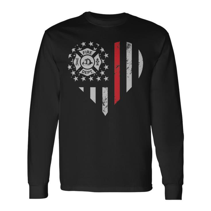 Thin Red Line Firefighter Love American Flag Heart Long Sleeve T-Shirt