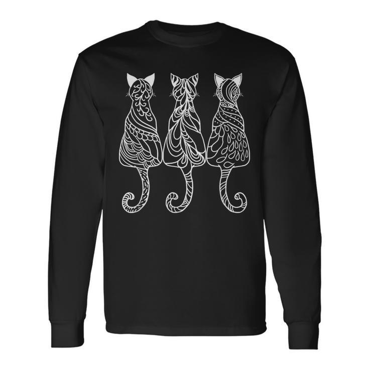 Three Cats Motif Paisley Cute Animal Cat Lovers Artists Long Sleeve T-Shirt