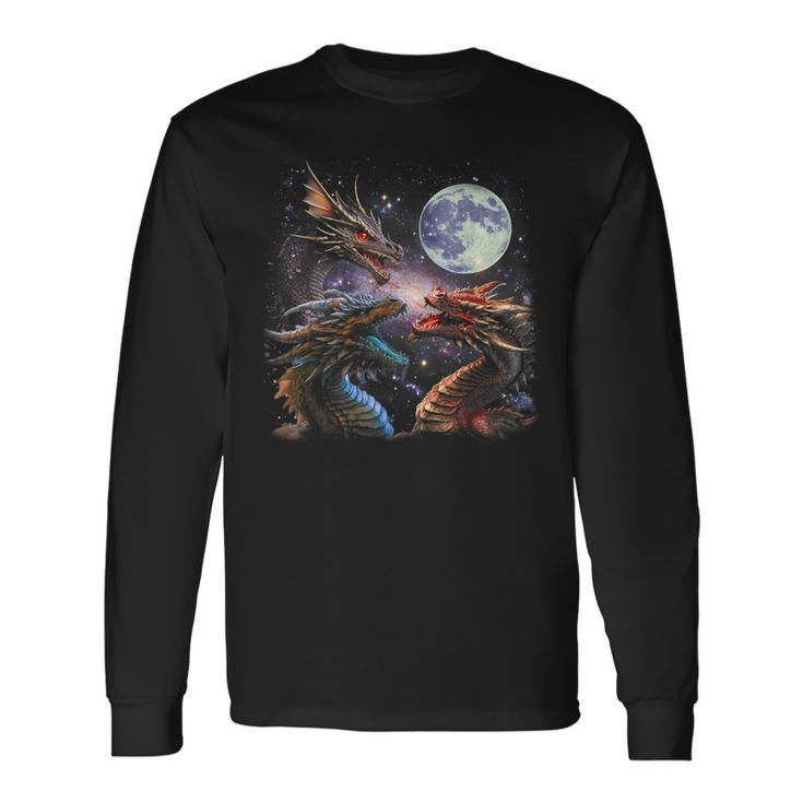 Three Dragon Starry Night Dragon Animal Howling At The Moon Long Sleeve T-Shirt