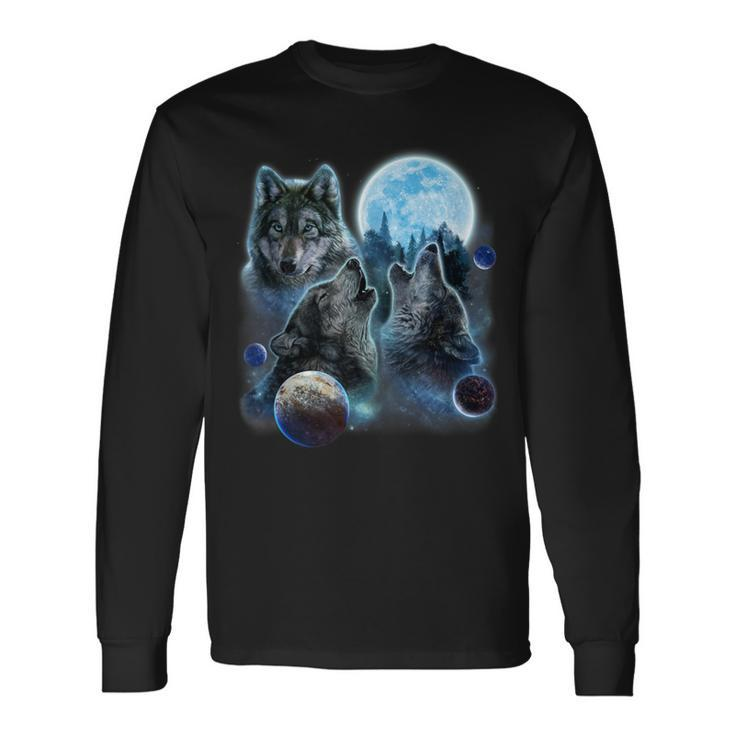 Three Wolf Howling And Moon Long Sleeve T-Shirt