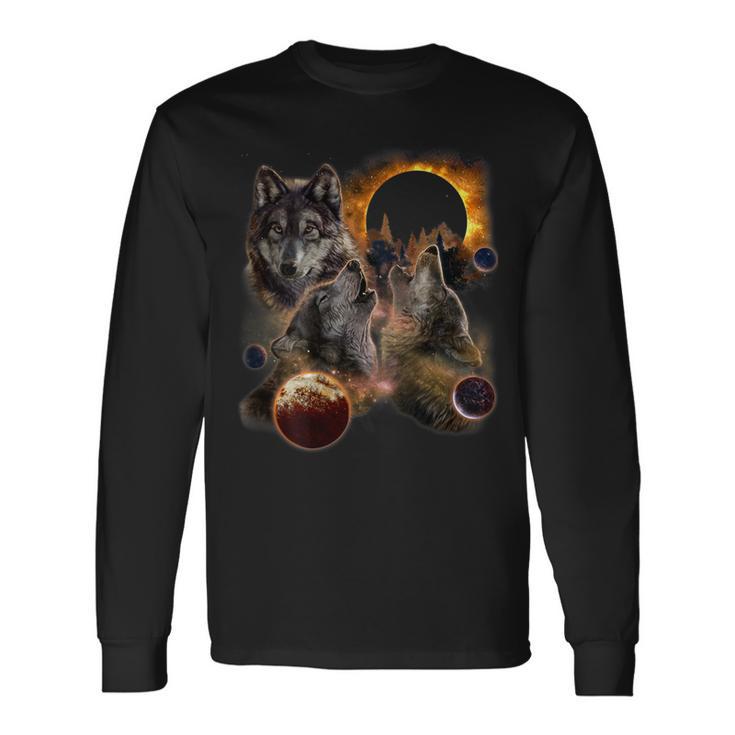 Three Wolf Solar Eclipse Moon Long Sleeve T-Shirt