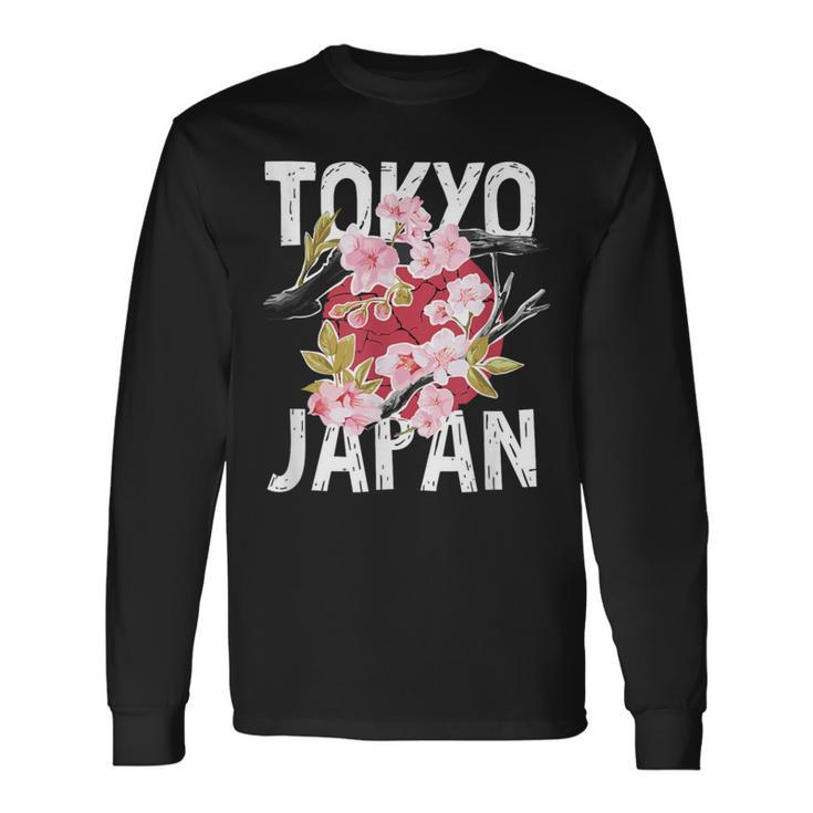 Tokyo Japan Sakura Cherry Blossom On Japan Red Sun Long Sleeve T-Shirt