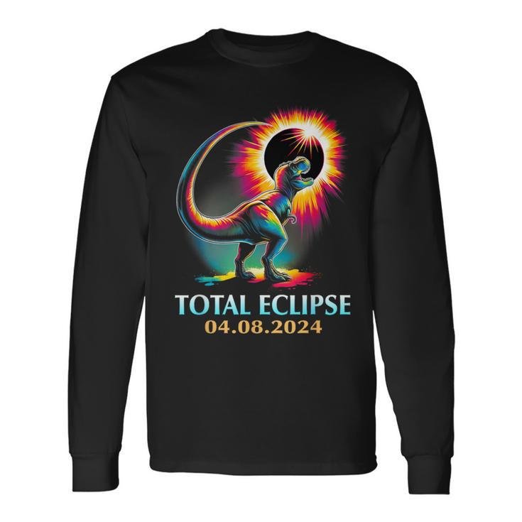 Total Eclipse 2024 Total Solar Eclipse T Rex Dinosaur Long Sleeve T-Shirt