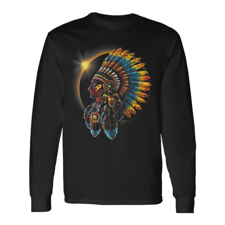 Total Eclipse Native American Indian Traditional Head Dress Long Sleeve T-Shirt