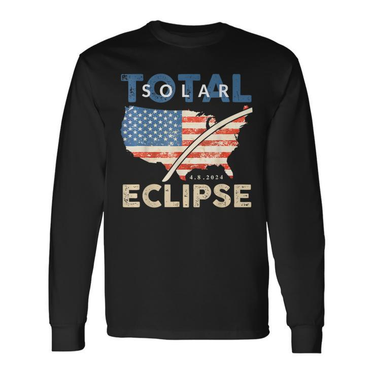 Total Solar Eclipse 04 08 2024 Path Of Totality Map Usa Flag Long Sleeve T-Shirt
