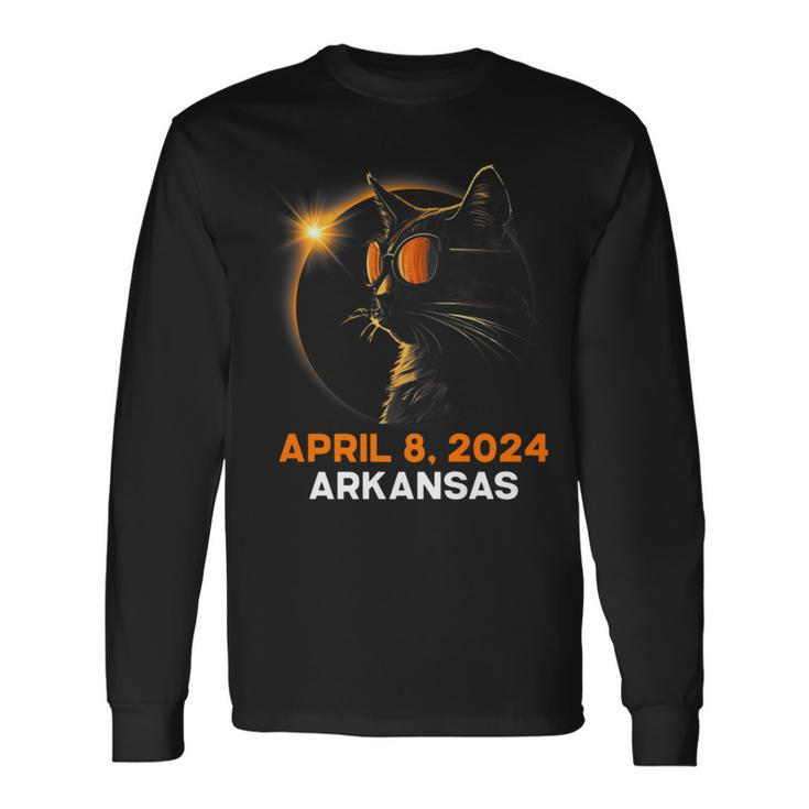 Total Solar Eclipse 2024 Arkansas Cat Lover Wearing Glasses Long Sleeve T-Shirt