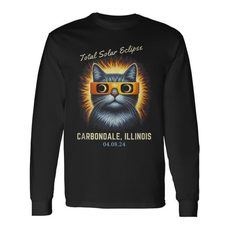 Total Solar Eclipse 2024 Carbondal Illinois Totality Cat Long Sleeve T-Shirt