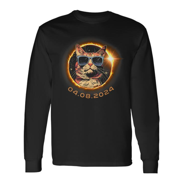 Total Solar Eclipse 2024 Cat With Sunglasses Long Sleeve T-Shirt