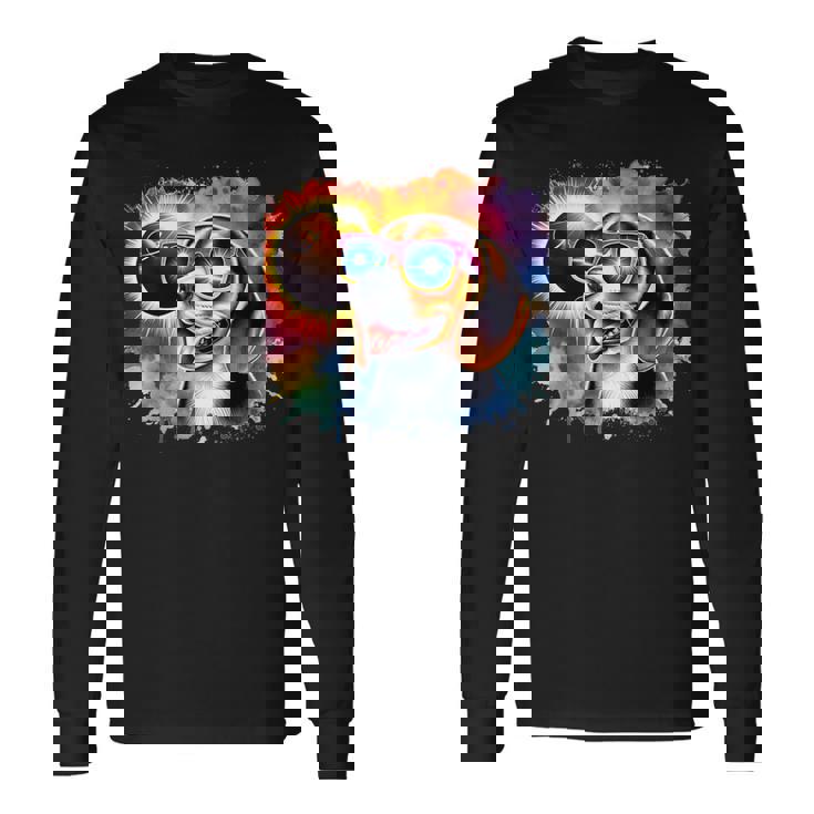 Total Solar Eclipse 2024 Colorful Beagle Dog Wearing Glasses Long Sleeve T-Shirt