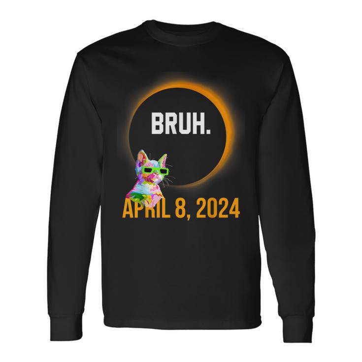 Total Solar Eclipse 2024 Cat Saying Bruh Meme Long Sleeve T-Shirt