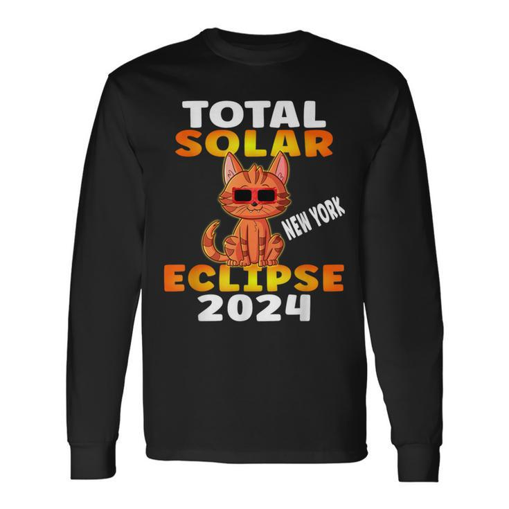 Total Solar Eclipse 2024 New York Tabby Cat Wearing Glasses Long Sleeve T-Shirt