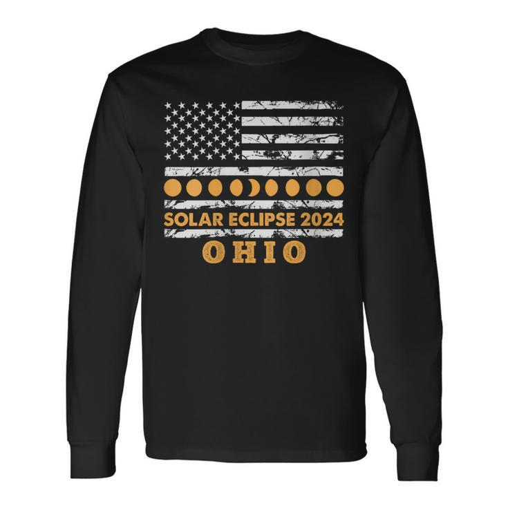 Total Solar Eclipse 2024 Ohio America Usa Flag Totality Long Sleeve T-Shirt