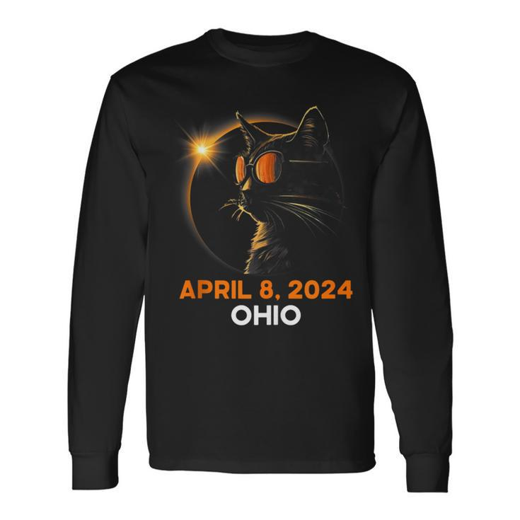 Total Solar Eclipse 2024 Ohio Cat Lover Wearing Glasses Long Sleeve T-Shirt