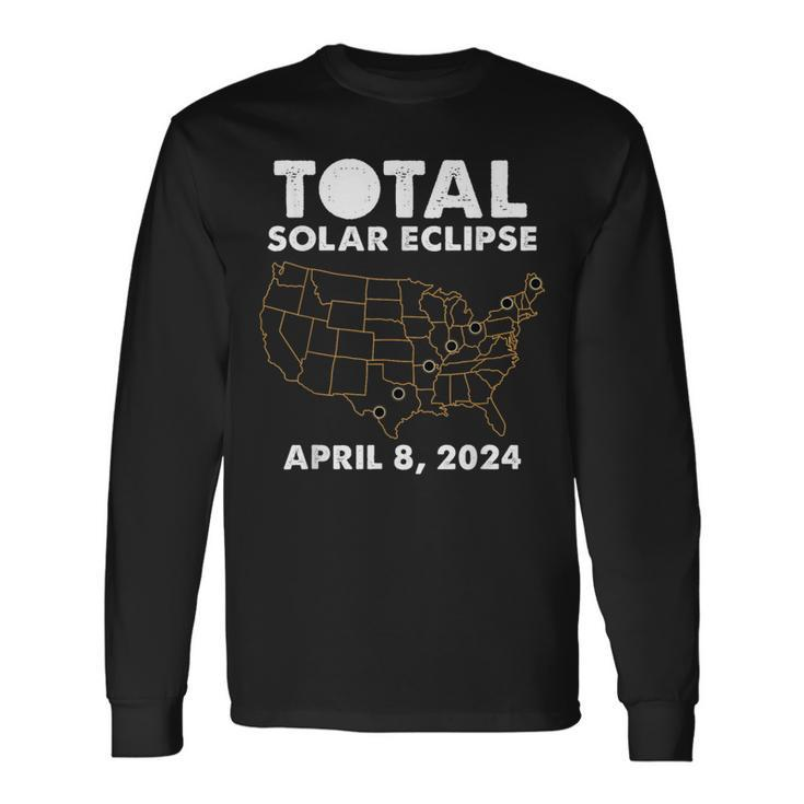 Total Solar Eclipse 2024 Party America Totality Usa Map Long Sleeve T-Shirt